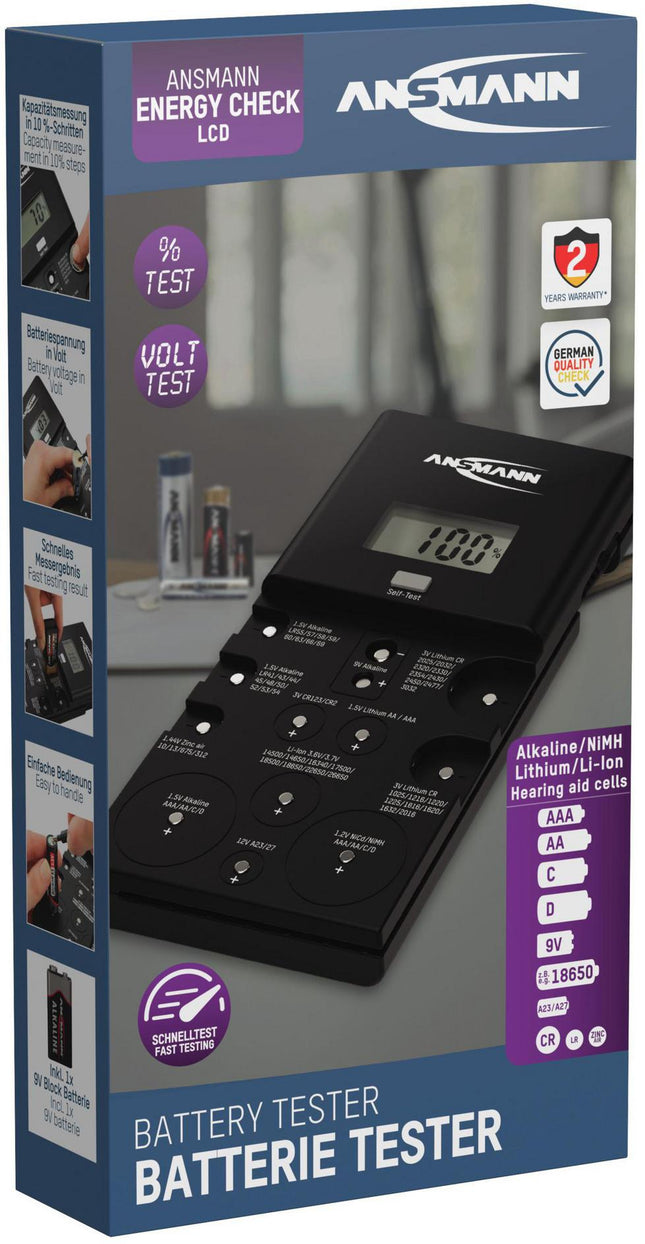 Batterie-/Akkutester für Akkus und Batterien, 1 x 9V Blockbatterie – ANSMANN