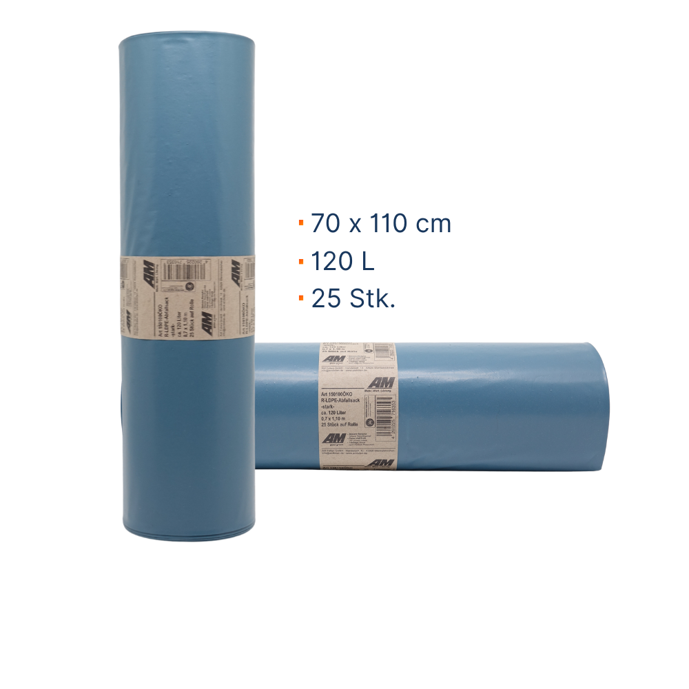 LDPE-Abfallsack Müllsack 70 x 110 cm, 120L, 80µm – „Stark“ Müllbeutel 25 Stk.