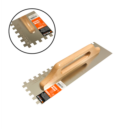 Rostfreie Zahnkelle, rechteck gezahnt, Holzgriff 0,7mm 130*480 mm