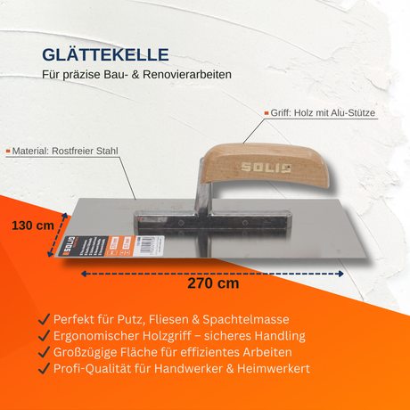 Rostfreie Glättekelle, Traufel  Holzgriff 130x270mm