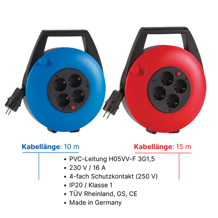 HEDI Kabelbox in blau, 10 m H05VV-F 3G1,5 mm² in schwarz, GS geprüft, offene 4-fach Schutzkontakt-Steckdose, Thermoschutzschalter, Schutzart IP20