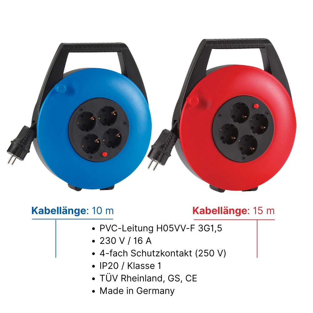HEDI Kabelbox in blau, 10 m H05VV-F 3G1,5 mm² in schwarz, GS geprüft, offene 4-fach Schutzkontakt-Steckdose, Thermoschutzschalter, Schutzart IP20