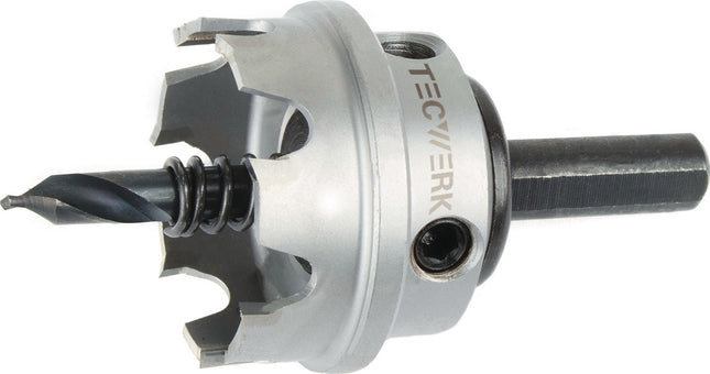 Lochsäge Ø 16 mm, HM-bestückt, mit Bohrer und Feder, Schnitttiefe 4 mm – TECWERK