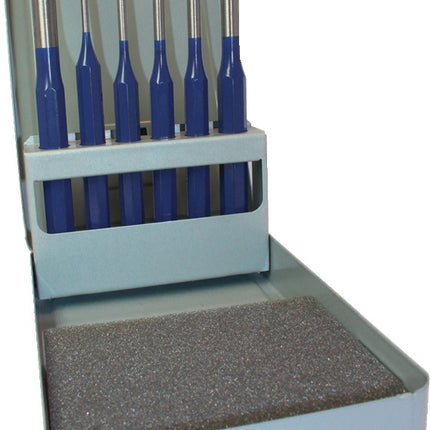 Splintentreiber-Satz, 6-teilig, 3–4–5–6–8–10 mm, CV-Stahl, DIN 6450, in Metallkassette – TECWERK