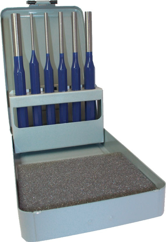 Splintentreiber-Satz, 6-teilig, 3–4–5–6–8–10 mm, CV-Stahl, DIN 6450, in Metallkassette – TECWERK