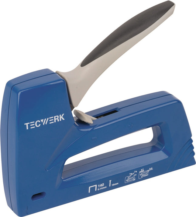 Handtacker aus Aluminium-Druckguss für Klammern bis 14 mm und Nägel bis 16 mm – TECWERK