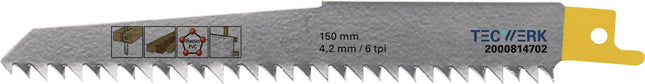 TECWERK Säbelsägeblatt 150 mm, 19 mm Breite, 6 TPI, HCS/CV, 25 Stück auf Karte – gefräst, geschränkt, schräg geschärft
