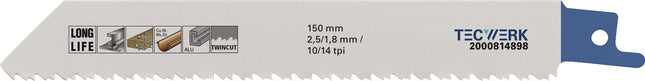 Säbelsägeblatt TECWERK BIM 150 mm, 19 mm Breite, 10/14 TPI, 5 Stück – gefräst und geschränkt, Entspricht Wilpu 3016/150