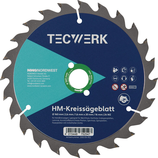 Handkreissägeblatt 160 mm, 24 Zähne, WZ, Schnittbreite 2,6 mm – TECWERK