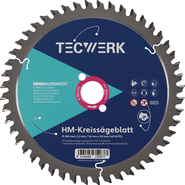 Handkreissägeblatt 160 mm, 48 Zähne, HLTCG, Schnittbreite 2,2 mm – TECWERK