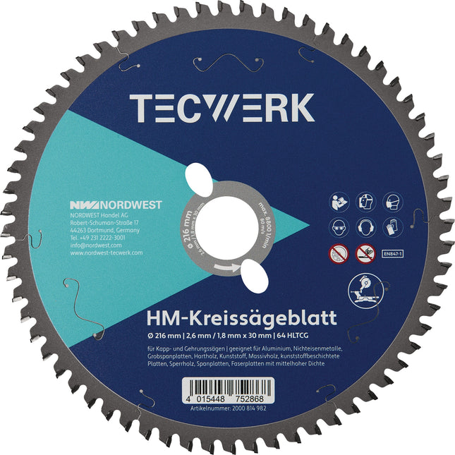 Kappkreissägeblatt 216 mm, 64 Zähne, HLTCG, Schnittbreite 2,6 mm – TECWERK