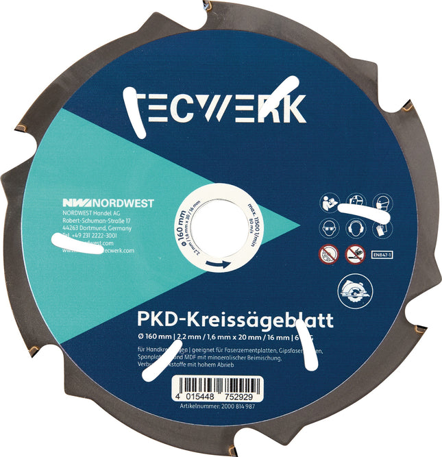TECWERK Handkreissägeblatt PKD 160 mm, 6 Zähne, Schnittbreite 2,2 mm – Verbundwerkstoffe mit hohem Abrieb