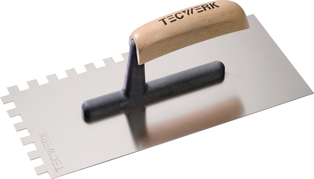 Glättekelle 280x130 mm, Zahnung 4x4, rostfreier Edelstahl, mit Buchenholzheft – TECWERK