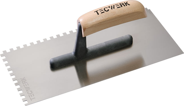 Glättekelle L.280mm B.130mm Zahn 6x6 gehärtet, m. H-Heft STA S.0,7mm – TECWERK