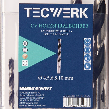 Holzspiralbohrer-Satz 5-teilig, Ø 4–10 mm, CV-Stahl, TECWERK