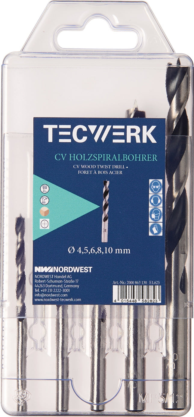 Holzspiralbohrer-Satz 5-teilig, Ø 4–10 mm, CV-Stahl, TECWERK