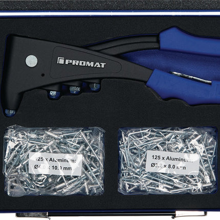 PROMAT Blindnietsortiment 601-teilig mit Handnietzange und Blindnieten Alu/Stahl im Blechkoffer