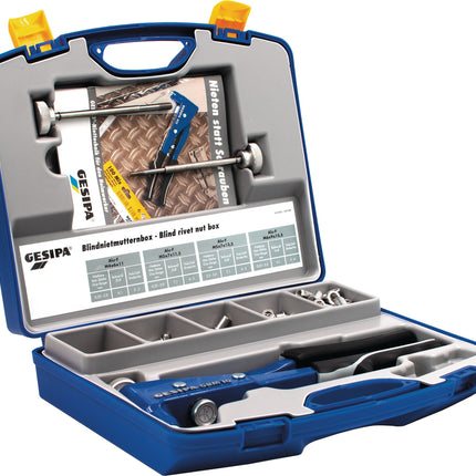 GESIPA Blindnietmuttern-Sortimentbox 156-teilig mit Zange GBM 10 und Blindnietmuttern M4–M6 im Kunststoffkoffer