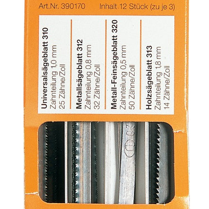 Sägeblattsortiment 390170, 12-teilig, universell für Metall und Holz, Blattlänge 150 mm – PUK