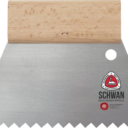 Kleberspachtel 180 x 180 mm, B4 Trapezzahnung, gehärteter Stahl, Holzgriff – SCHWAN