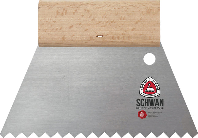 Kleberspachtel 180 x 180 mm, B4 Trapezzahnung, gehärteter Stahl, Holzgriff – SCHWAN