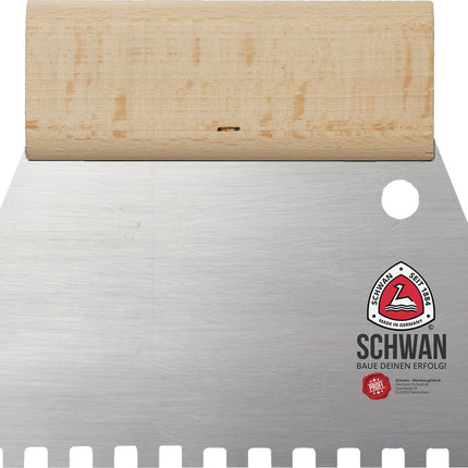 Kleberspachtel 180 x 180 mm, B4 Trapezzahnung, gehärteter Stahl, Holzgriff – SCHWAN