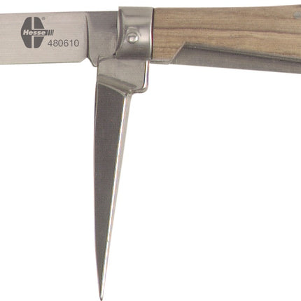 HESSE Kabelmesser Länge 163 mm, Klingenlänge 74 mm, Holz natur/silber – 80 g, Klappbares Holzschalenmesser