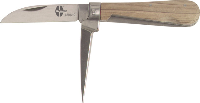 HESSE Kabelmesser Länge 163 mm, Klingenlänge 74 mm, Holz natur/silber – 80 g, Klappbares Holzschalenmesser