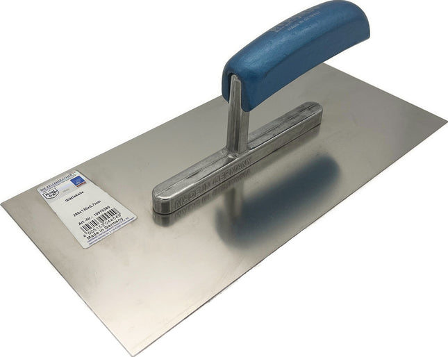 HAROMAC Glättekelle 280x130 mm, rostfreier Edelstahl, Buchenholzgriff – lackiert und gebogen, Stütze aus Aluminium