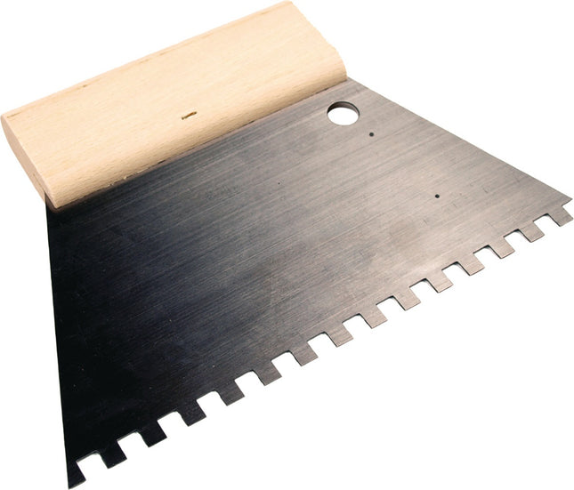 HAROMAC Kleberspachtel 128x180mm Zahnung 6x6mm, rostfreier Edelstahl C2, Buchenholzgriff – rostfrei