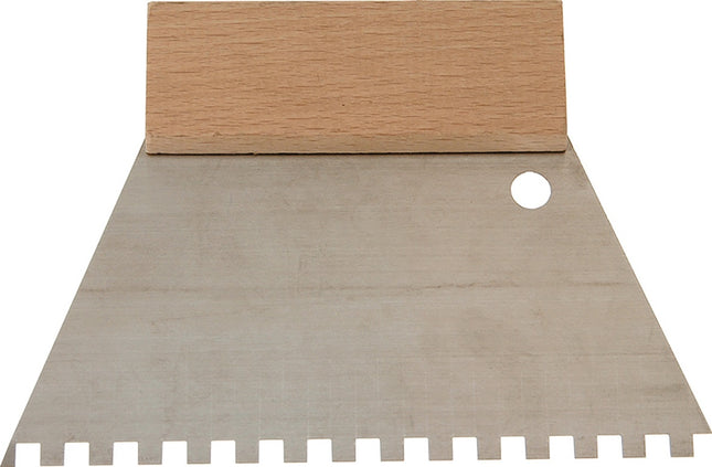 HAROMAC Kleberspachtel 128x180 mm, Zahnung 6x6 mm, rostfreier Edelstahl, Buchenholzgriff – rostfrei