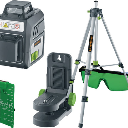 Kreuzlinienlaser PocketPlane-Laser 3G – grüner 3D-Laser mit Kompaktstativ und Wandhalterung – LASERLINER