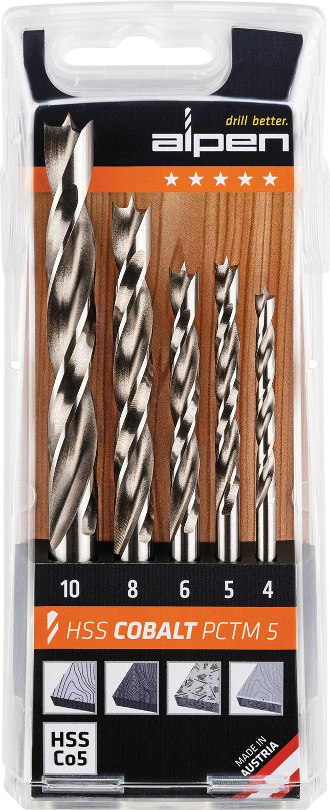 ALPEN Holzspiralbohrer-Satz PCTM 5-teilig HSS-Co5 Ø 4,5,6,8,10 mm – Markenqualität von ALPEN-MAYKESTAG GmbH