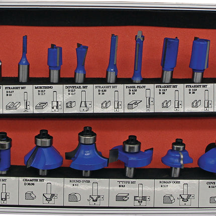 HM-Oberfräserkassette 973CT15A, 15-teilig, Schaft-Ø 8 mm, FISCH-TOOLS – 15-teiliges Fräser-Set mit HM-bestückten Fräsern