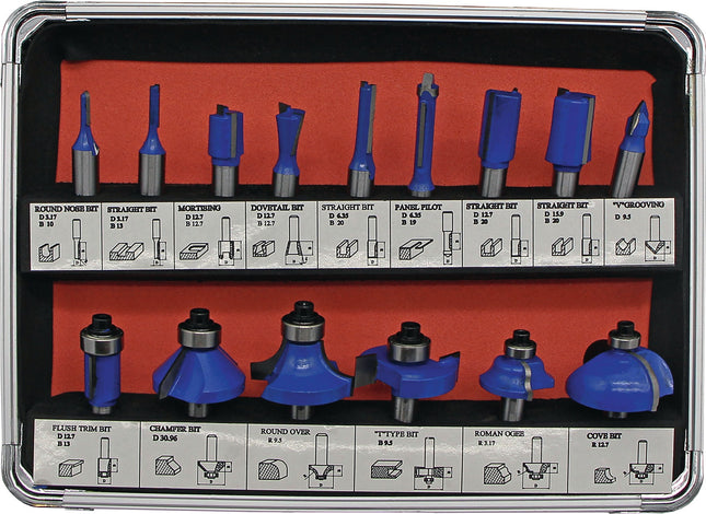 HM-Oberfräserkassette 973CT15A, 15-teilig, Schaft-Ø 8 mm, FISCH-TOOLS – 15-teiliges Fräser-Set mit HM-bestückten Fräsern