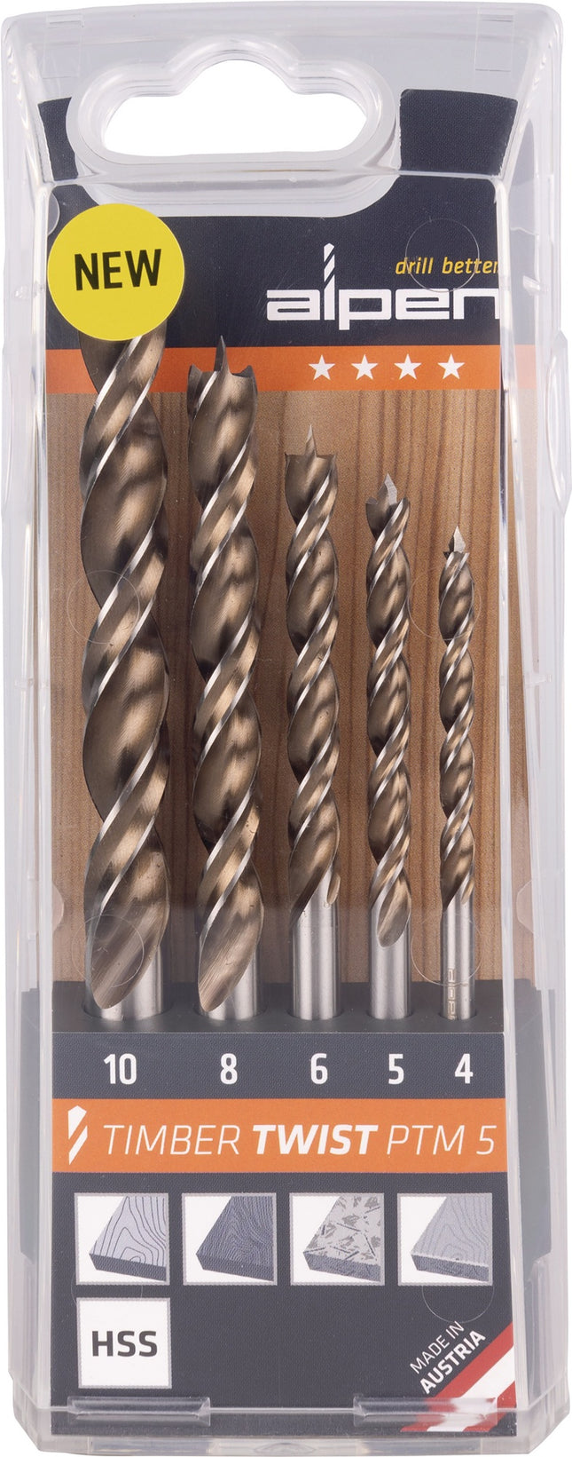 ALPEN Holzspiralbohrer-Satz TIMBER TWIST 5-tlg. Ø 4,5,6,8,10 mm – 5-teiliger der Marke