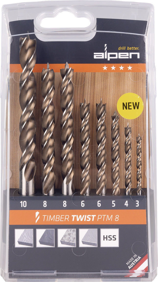 Holzspiralbohrer-Satz TIMBER TWIST 8-tlg. – präzises Bohren in Holz und Spanplatten – ALPEN-MAYKESTAG