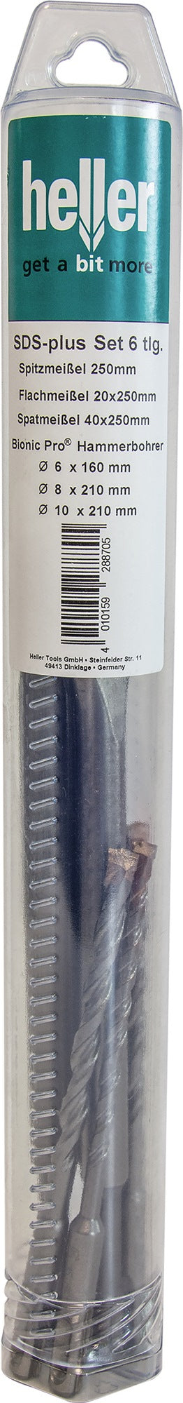 6-teilig HELLER Einsteckwerkzeugset SDS-plus mit Spitz-, Flach- und Spatmeißel sowie SDS-Bohrern