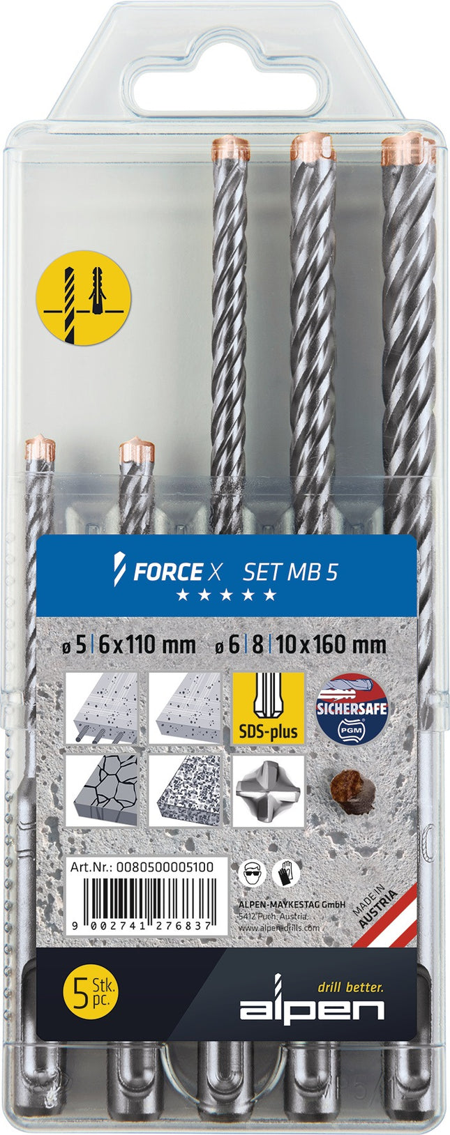 5-teilig ALPEN-MAYKESTAG Hammerbohrer-Satz Force X SDS-plus in Kunststoffbox