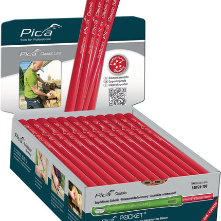 Pica Classic 540 Zimmermannsbleistift 24 cm, 2H, rot, ungespitzt