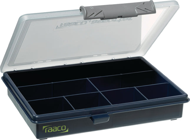 RAACO Sortimentskasten 136136, 7 Fächer, B175xT143xH32 mm, transparent/dunkelblau – Polypropylen schlagfest
