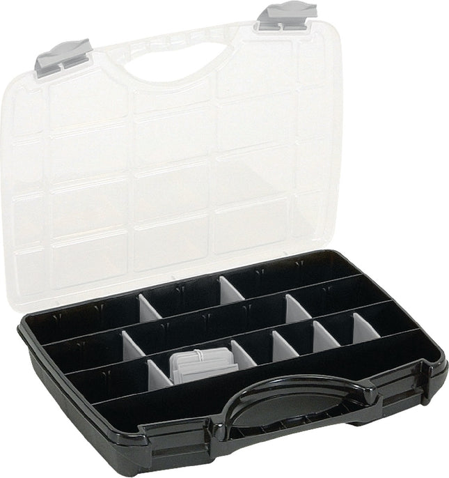 Sortimentskasten B312xT238xH51 mm, max. 25 Fächer, 21 lose Trennwände, transparent-schwarz – RAACO