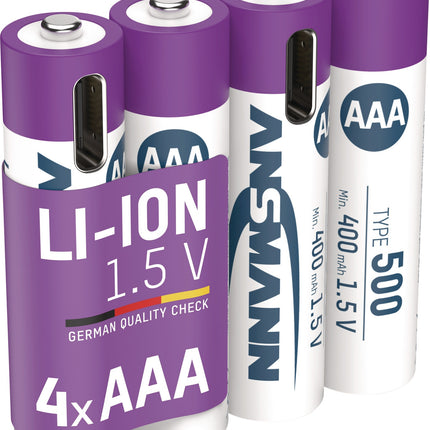 ANSMANN Akkuzelle 1,5V 400 mAh Micro AAA Li-Ion mit USB-C Ladeport (4er)