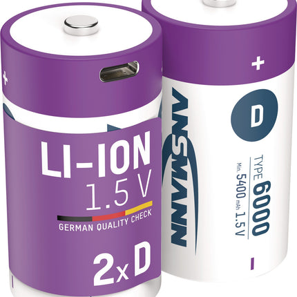ANSMANN Akkuzelle 1,5V 5400 mAh (2er-Pack) – Li-Ion mit USB-C-Ladeport, Ersatz für Einwegbatterien