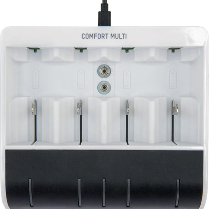 Ansmann – Comfort-Multi Ladegerät mit USB-Eingang für 1-4 NiMH Akkus (AA, AAA, C, D, 9V)