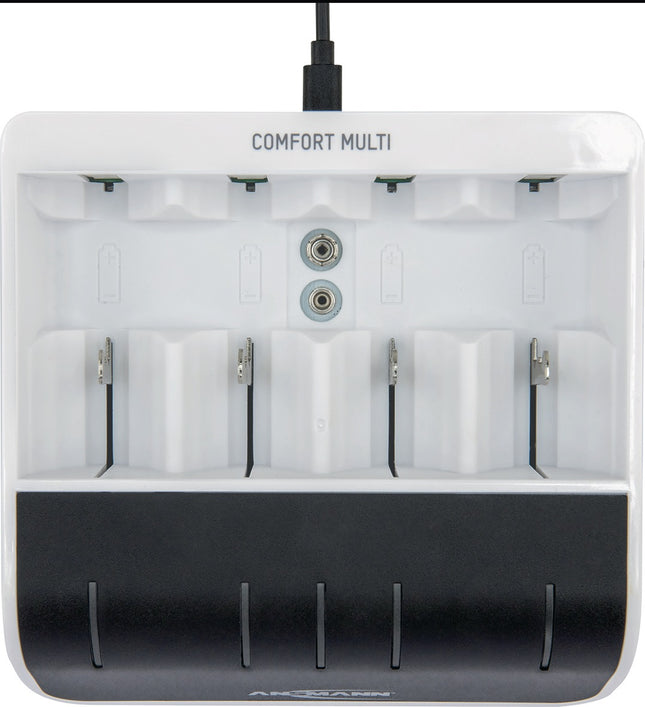 Ansmann – Comfort-Multi Ladegerät mit USB-Eingang für 1-4 NiMH Akkus (AA, AAA, C, D, 9V)