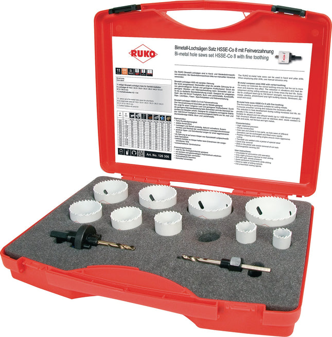 Lochsägensatz 11-teilig, Ø 19–64 mm, HSSE-Co8-Bi-Metall, Schnitttiefe 38 mm – RUKO