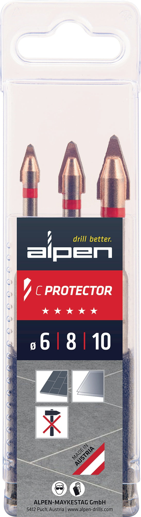 ALPEN Fliesenbohrer-Satz C PROTECTOR 3-teilig Ø 6/8/10 mm – Keine Kühlung erforderlich