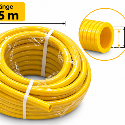 Wasserschlauch aus PVC
flexibler mehrschichtiger gelber PVC-Schlauch · Festigkeitsträger: Trikot Gewebe
Decke: Weich-PVC, sehr gute UV-Beständigkeit
Seele: Weich-PVC
Temperaturbereich: -15 °C bis +60 °