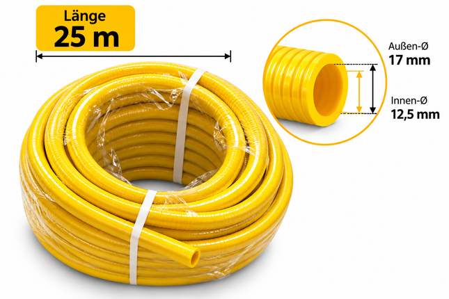 Wasserschlauch aus PVC
flexibler mehrschichtiger gelber PVC-Schlauch · Festigkeitsträger: Trikot Gewebe
Decke: Weich-PVC, sehr gute UV-Beständigkeit
Seele: Weich-PVC
Temperaturbereich: -15 °C bis +60 °